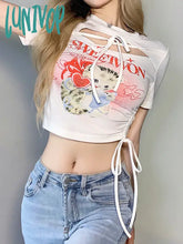 Lunivop Women’s Hollow Crop Top Kawaii Cat Print T-Shirt Short Sleeve Streetwear Harajuku Y2K